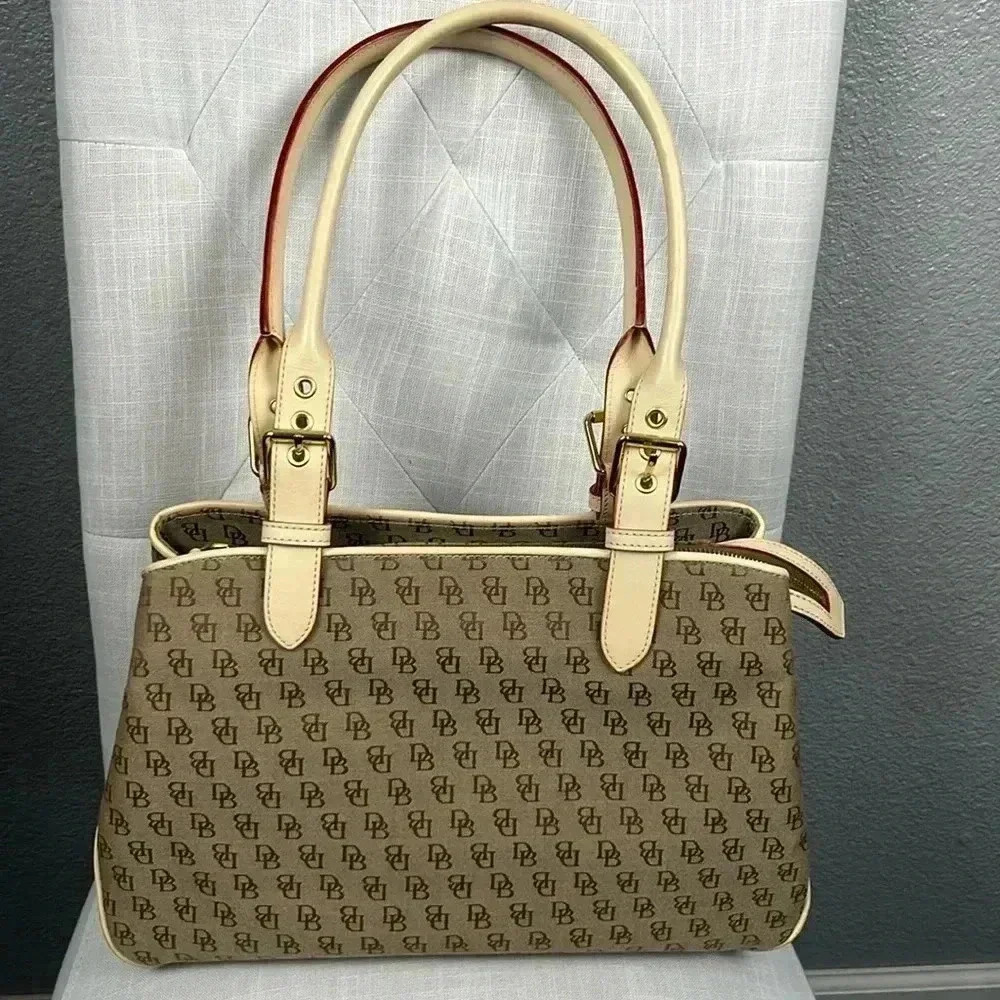 Vintage Dooney & Bourke Buckle Satchel Tote Bag Purse DB Signature Leather Trim